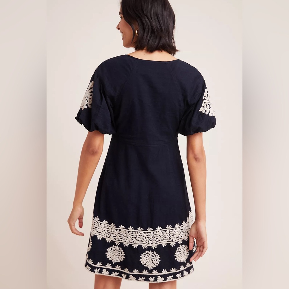 ANTHROPOLOGIE Dark Navy Blue “Orla” Embroidered Mini Dress Subtle Pattern - Picture 4 of 13